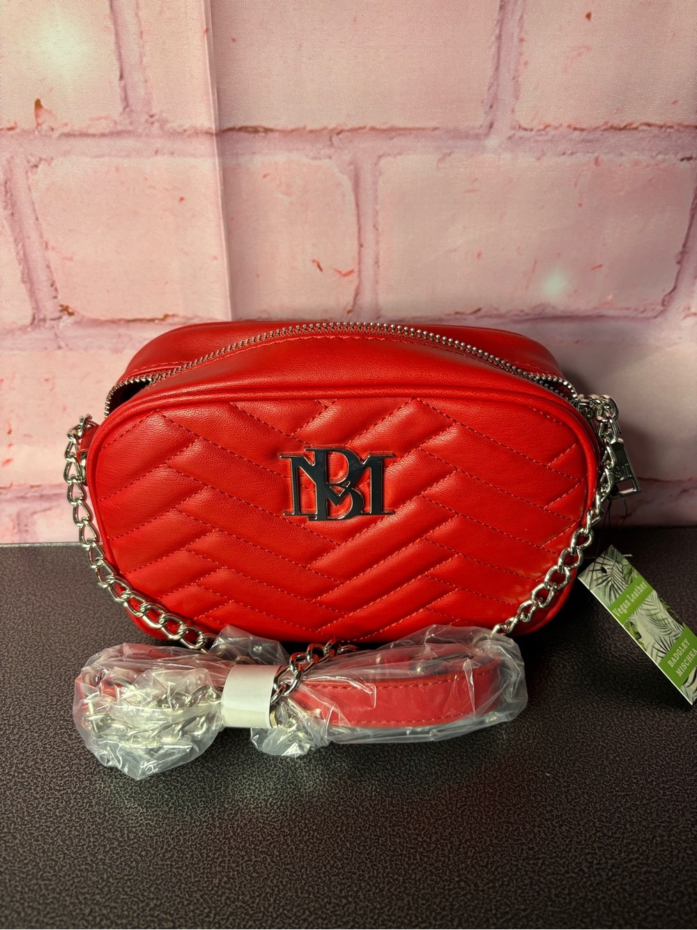 Badgley Mischka Red Quilted Oval Crossbody